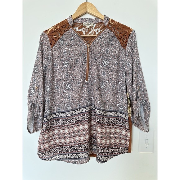 ONE WORLD Tops - One World Womens Large Patterned Lace Crochet Brown Mauve 3/4 Sleeve Top